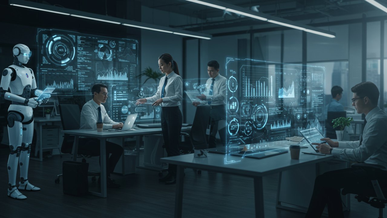Equipe em um escritório moderno trabalhando com painéis de dados e um assistente robótico, ilustração de inteligência artificial nos processos de apoio da empresa